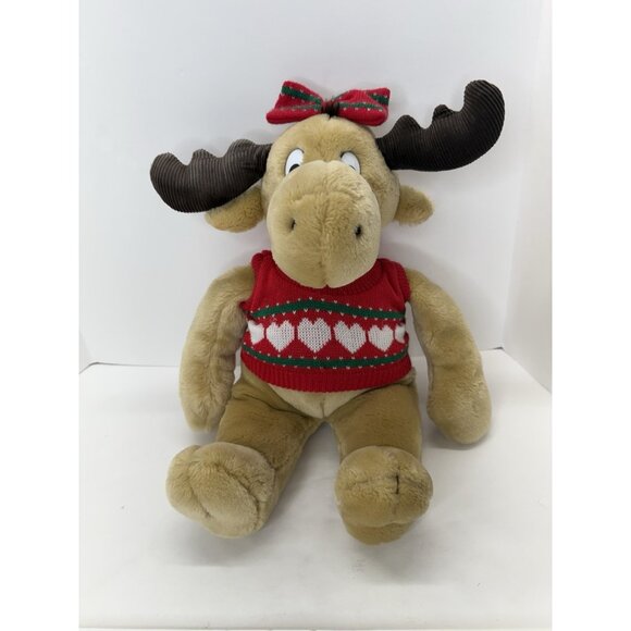 1987 Commonwealth 18" Holly Plush Girl Moose Stuffed Animal Holly Sweater & Bow - Picture 1 of 11